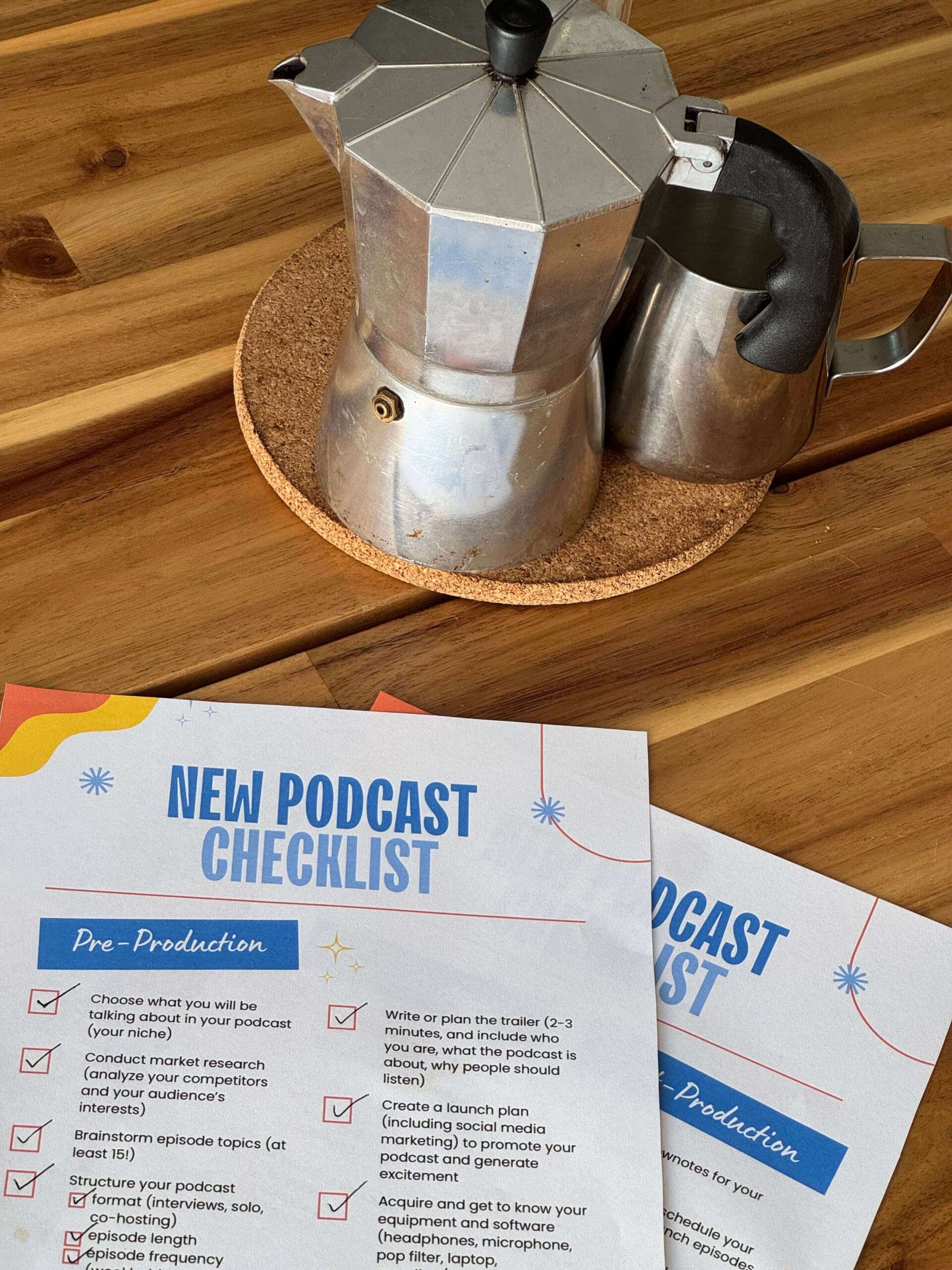Coffee maker with checklist titled "New Podcast Checklist"